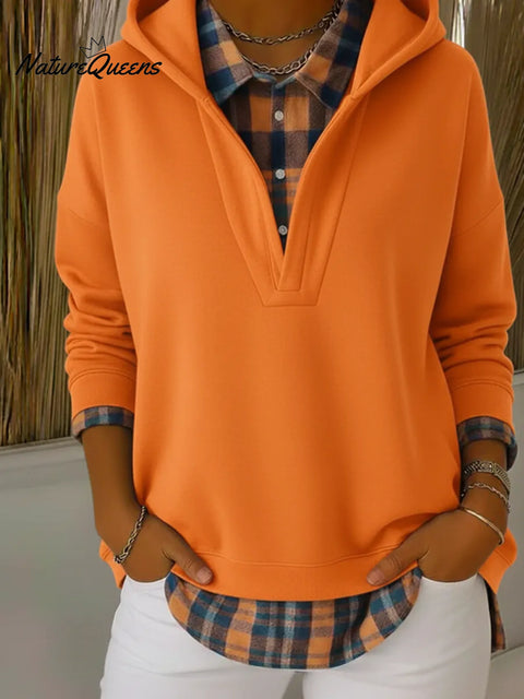 Retro Contrast Plaid Shirt Sweatshirt Fake Two-piece Pullover