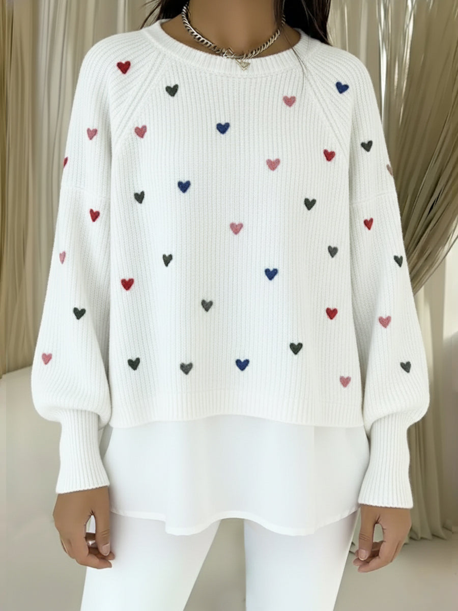 Comfortable Heart Embroidered Chiffon Patchwork Pullover Sweater