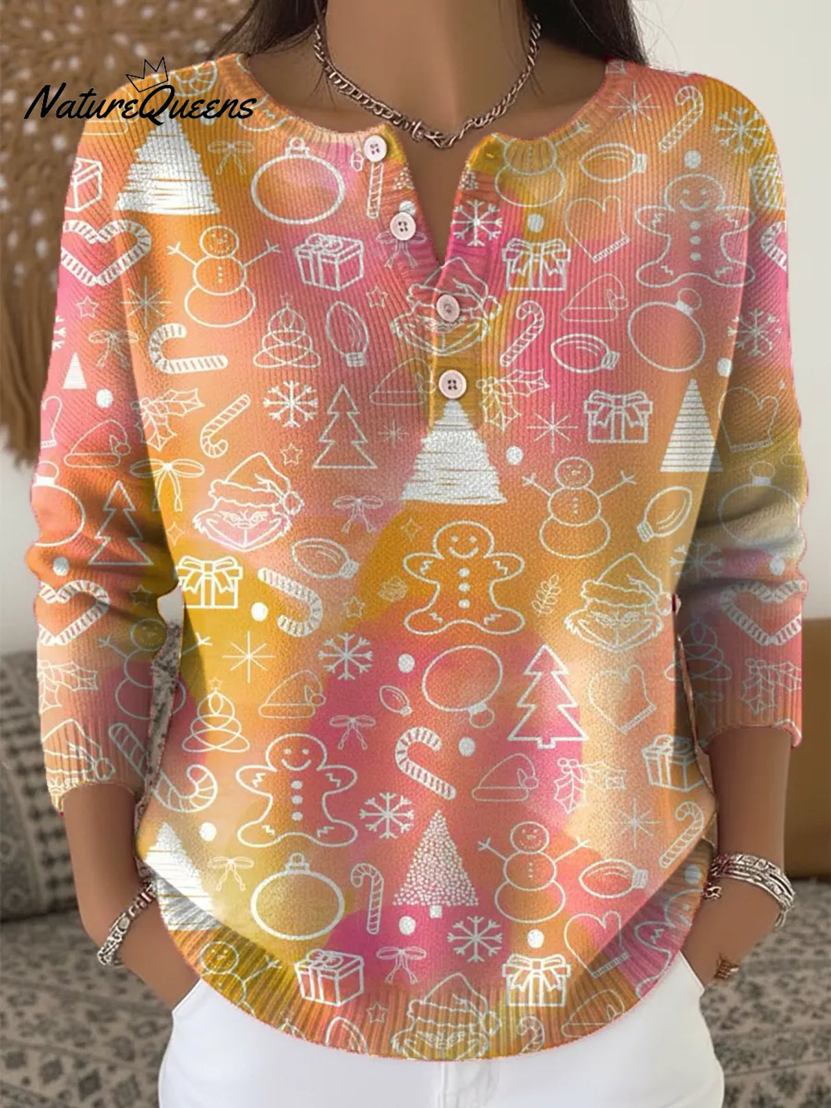 Women's Christmas Pattern Art Print Casual Cardigan Sweater