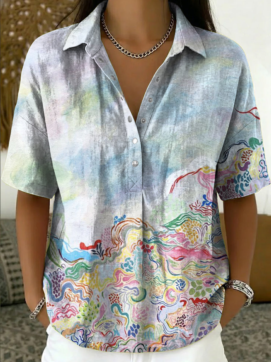 Casual Cotton-linen Shirt With Graffiti Art Pattern