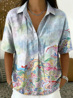 Casual Cotton-linen Shirt With Graffiti Art Pattern