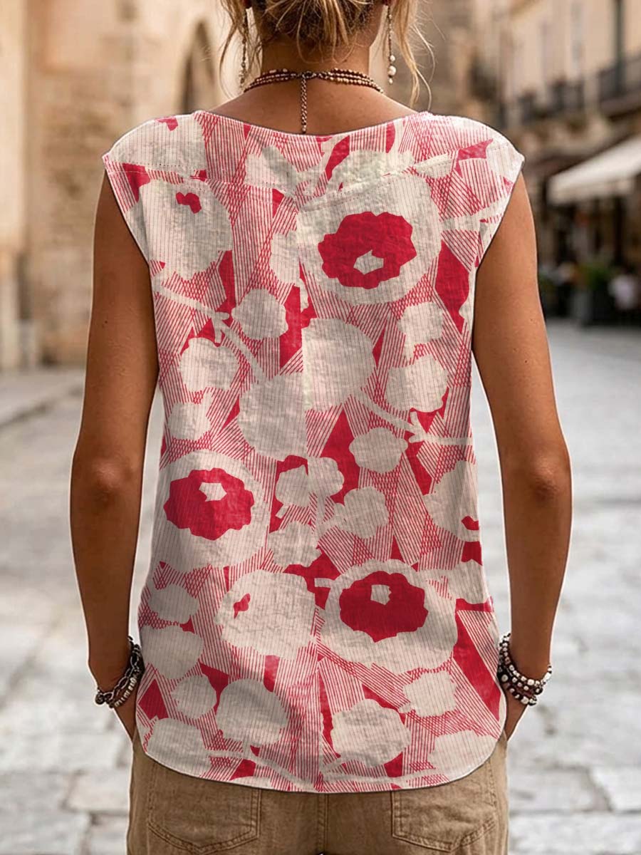 Women's Floral Pattern Art Print Casual Sleeveless Cotton Shirt