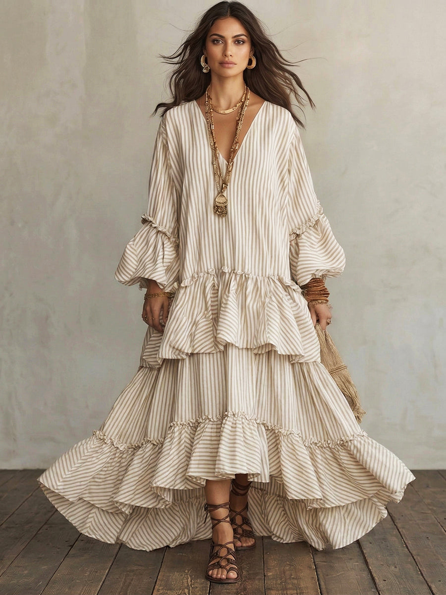 Retro Striped Print Tiered Ruffle Maxi Dress