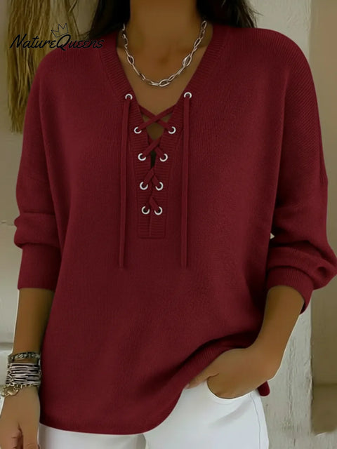 Casual V-neck Tie-front Pullover Sweater