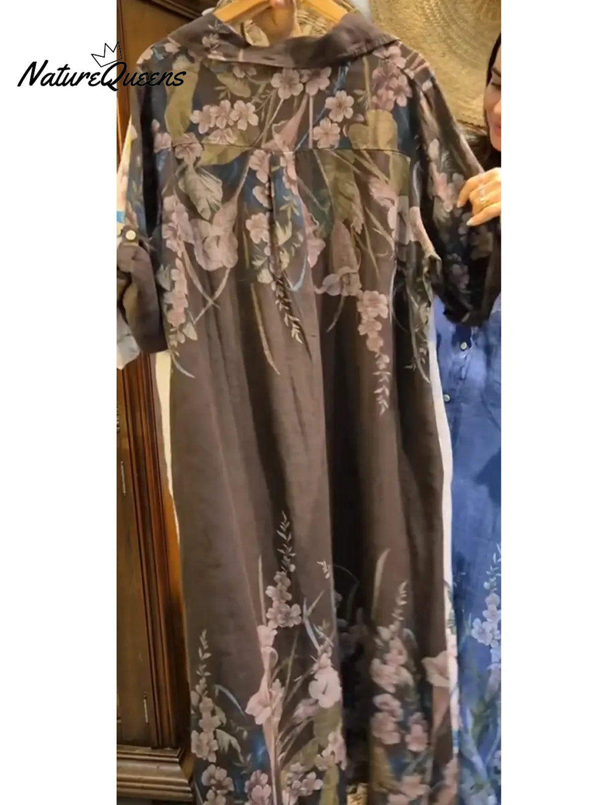 Women's Loose Casual Floral Print Cotton Linen Shirt Dress