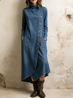 Women's Stand-collar Long-sleeved Casual Loose Denim Dress