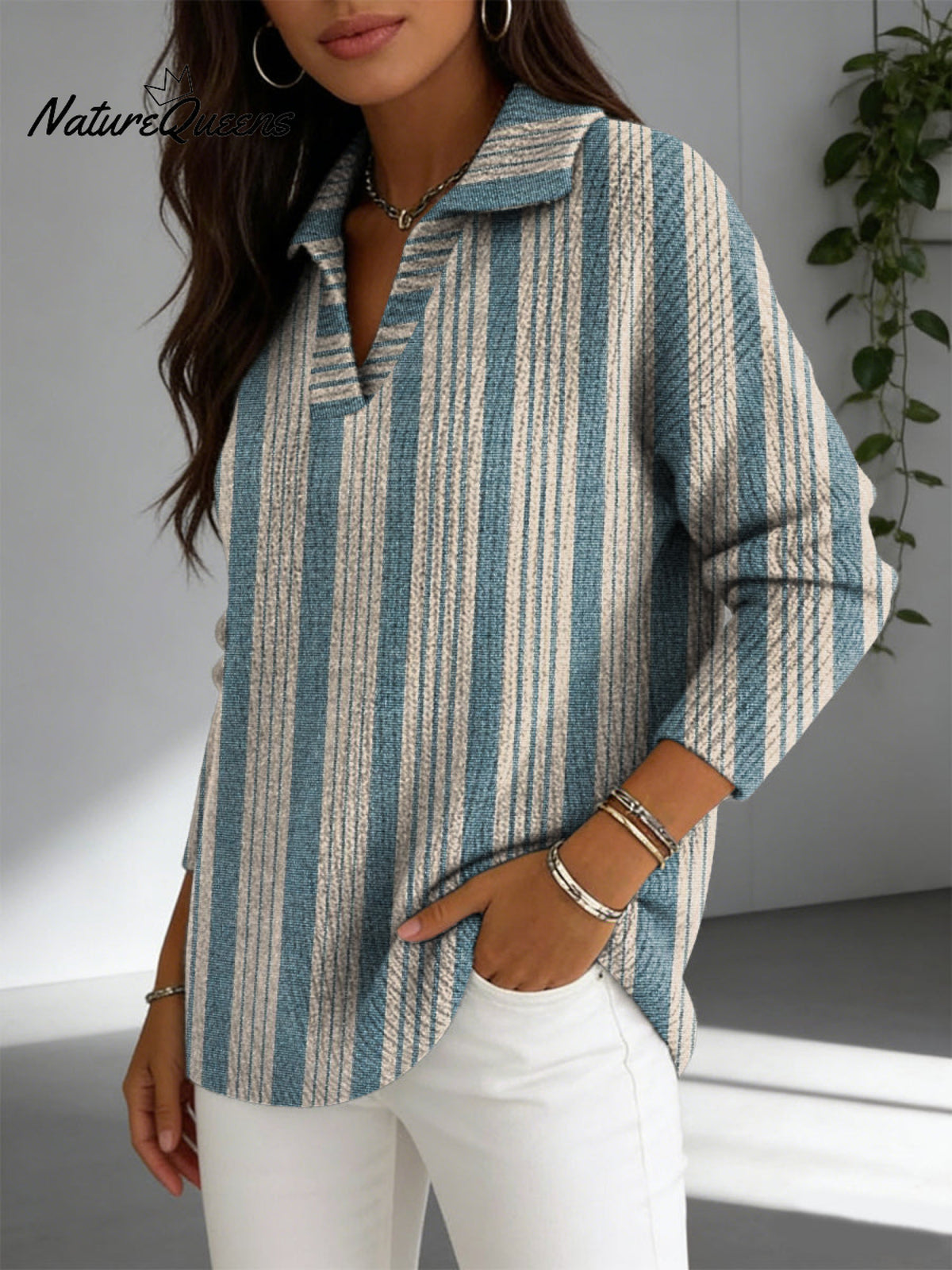 Women's Geometric Vertical Stripe Decorative Pattern Casual Shirt Collar Long Sleeve Sweater