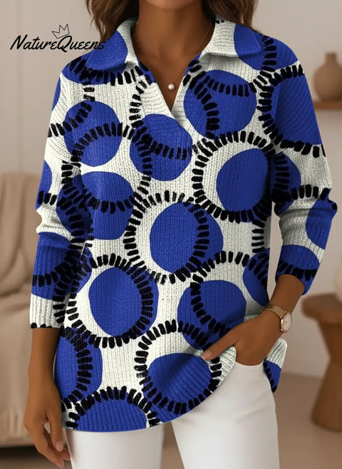 Women's Blue Abstract Dots Art V-neck Sweater