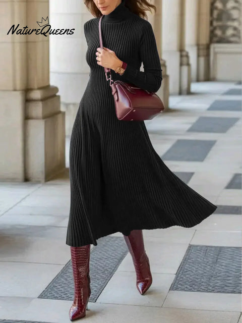 Women's Solid Color High-neck Long-sleeve Casual Loose A-line Knit Dress