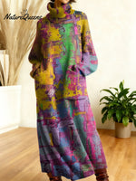 Women's Retro Color Gradient High-neck Long-sleeve Casual Loose Knit Dress