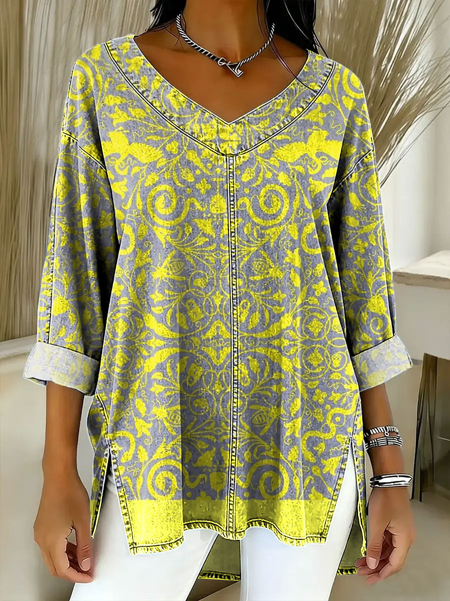 Women's Retro Gradient Flowers Floral Art Patterns Casual Washed Denim Cotton Top