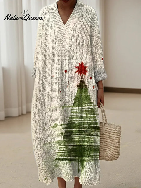 Christmas Tree Print Knitted V-neck Dress