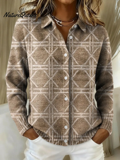 Women's Retro Geometric Stripes Printed Collared Sweater