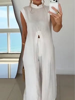 Women's Stylish Casual Elegant Resort Cotton Linen Front Slit Midi Top And Elastic Waist Loose Pants Set