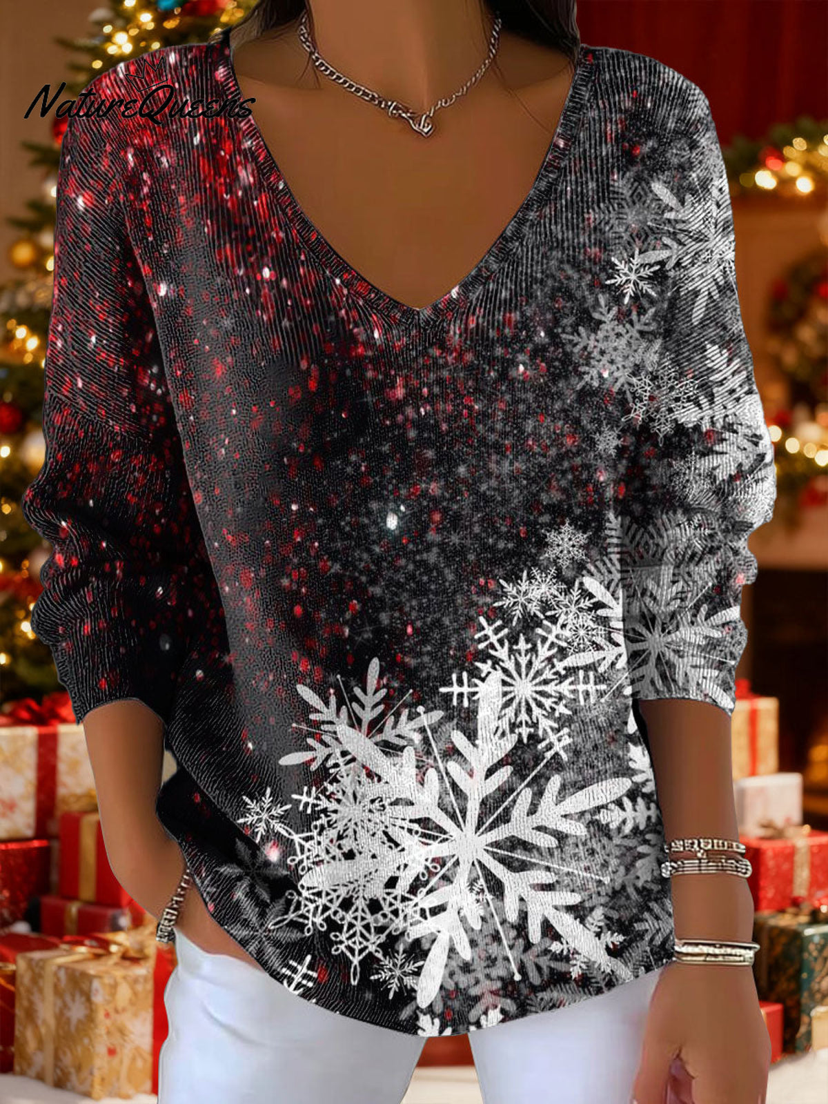 Women's Christmas Gradient Snowflake Pattern Art Print V-neck Solid Color Loose Shiny Sweater