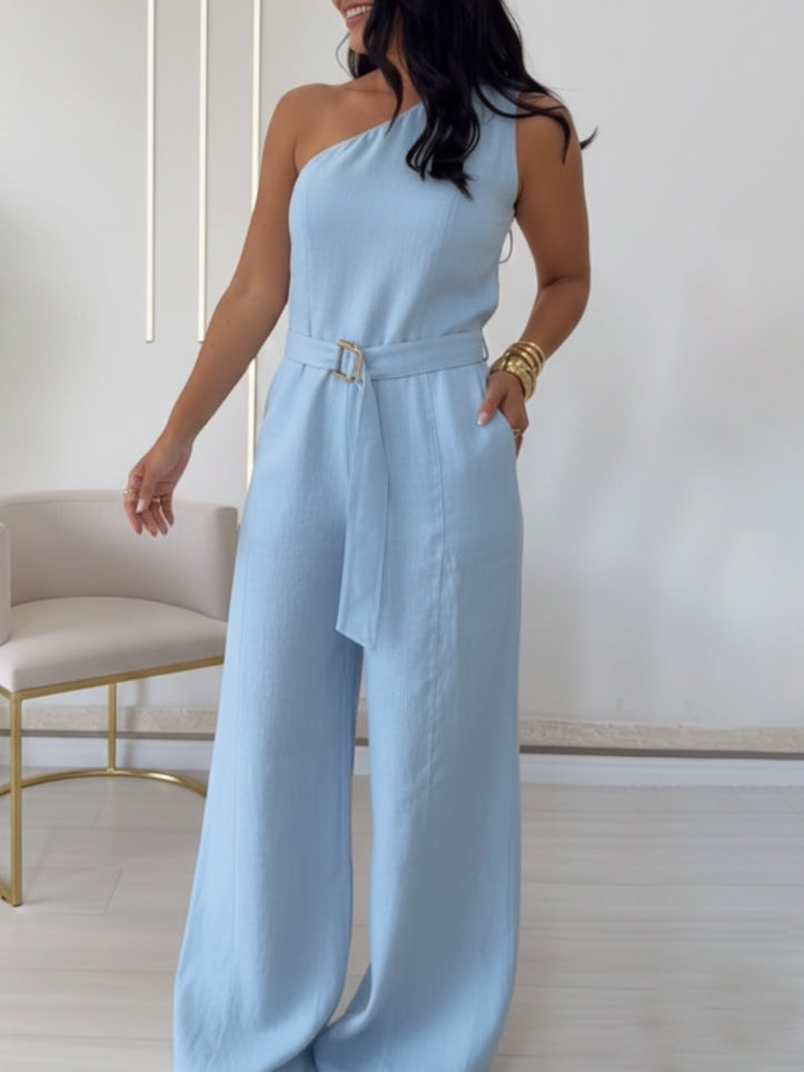 Elegant Off-the-shoulder Linen Wide-leg Jumpsuit