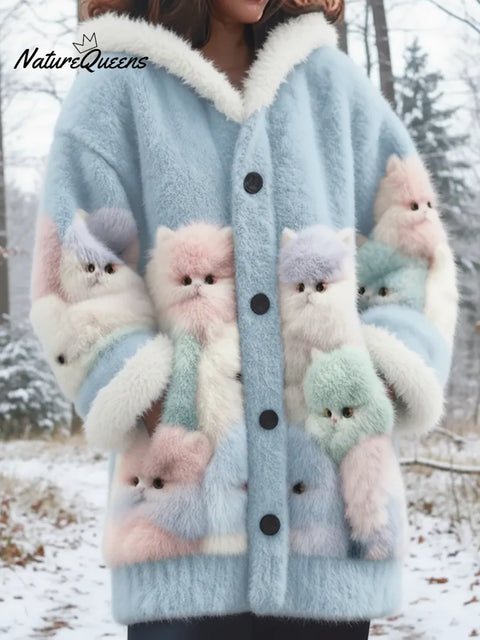 Winter Forest Cute Cat Faux Mink Fleece Button Coat