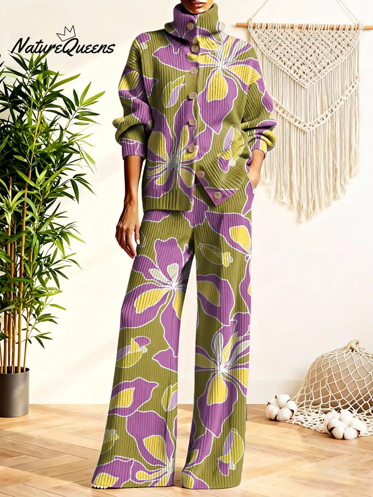 Women's Floral Pattern Art Print Casual Cotton Knitted Suits
