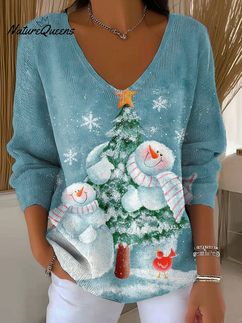 Women's Christmas Tree Cute Snowman Art Pattern Art V-neck Solid Color Loose Shiny Sweater