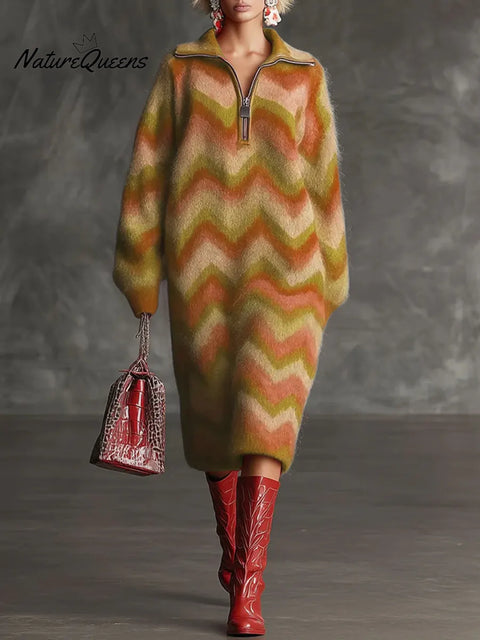 Women's Geometric Print Cardigan Collar Long-sleeved Casual Loose Knit Dress