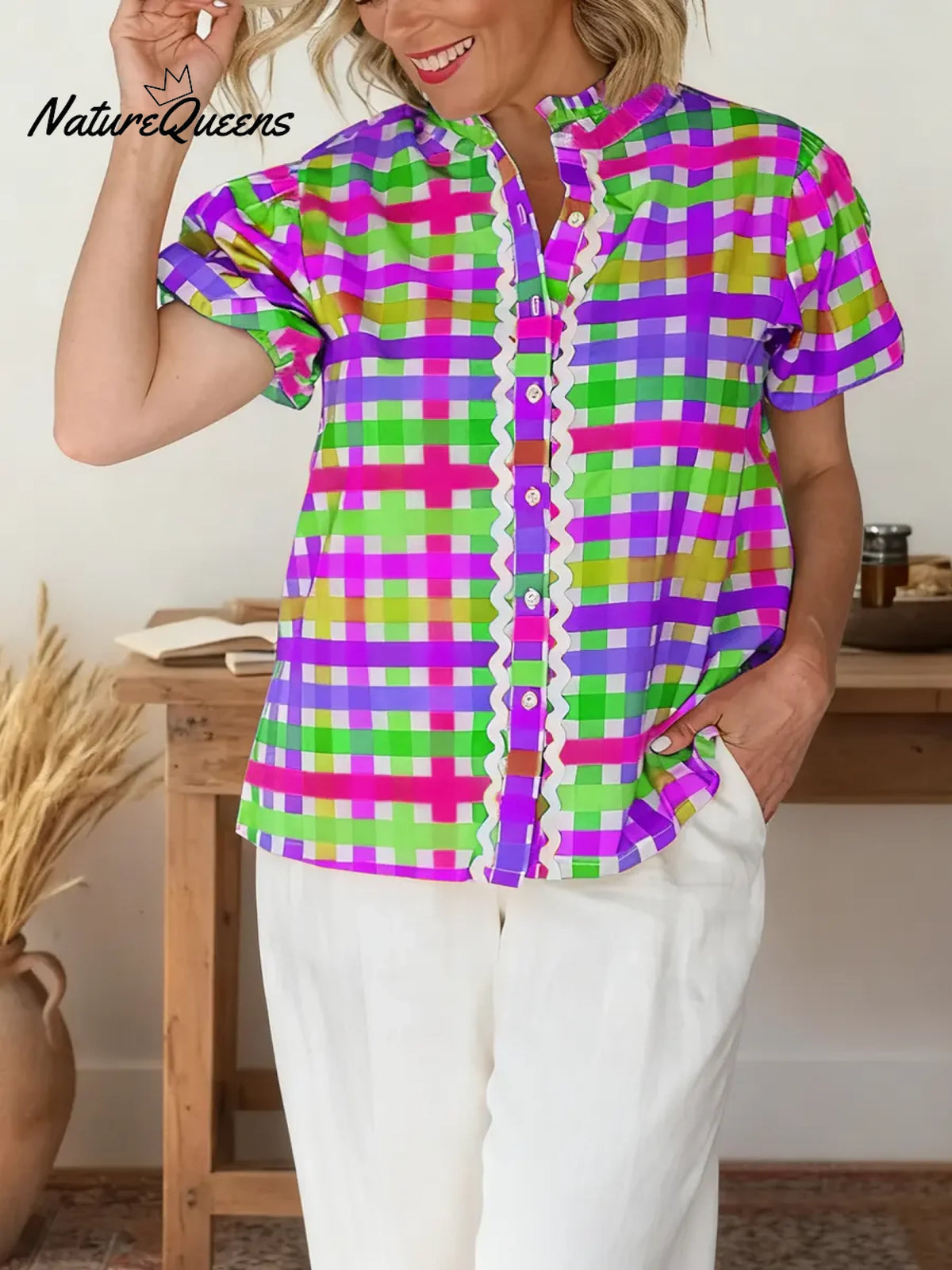 Women's Striped Print Shirt Collar Short Sleeve Casual Loose Cotton Linen Top