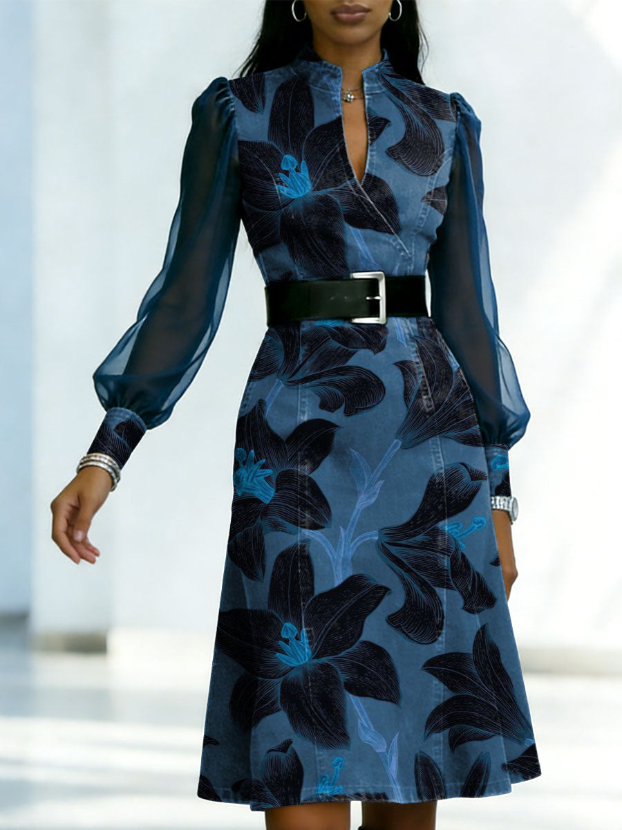Elegant Black Lily Decorative Pattern Stylish Denim Dress With Organza Sleeve Panels