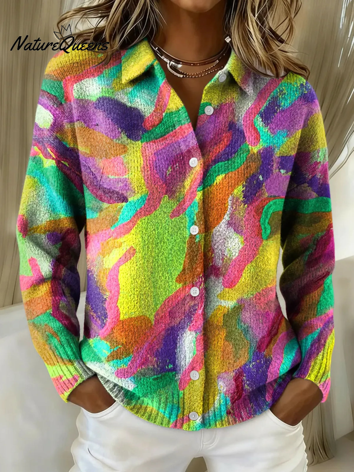 Women's Abstract Color Printed Collared Sweater