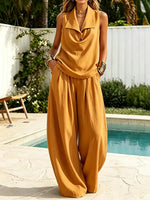 Casual Resort Sleeveless Collared Top And Loose-fitting Trousers Set