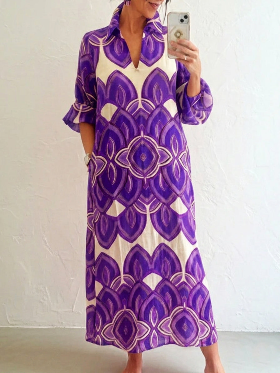 Retro Stand-up Collar Floral Print Loose Linen Cotton Dress