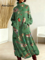 Women's Floral Birds Pattern Art Print Casual Cotton Knitted Dress