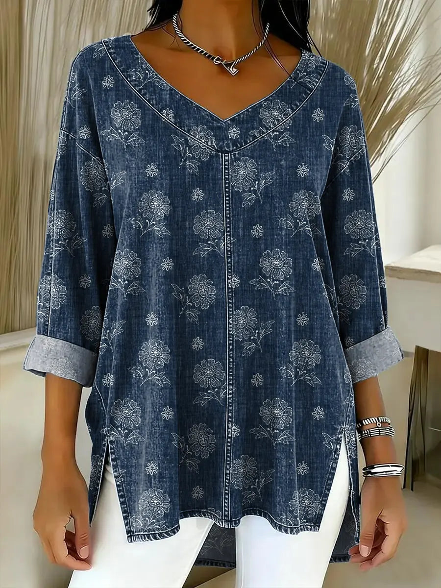 Women's Floral Pattern Art Print Casual Denim Shirt