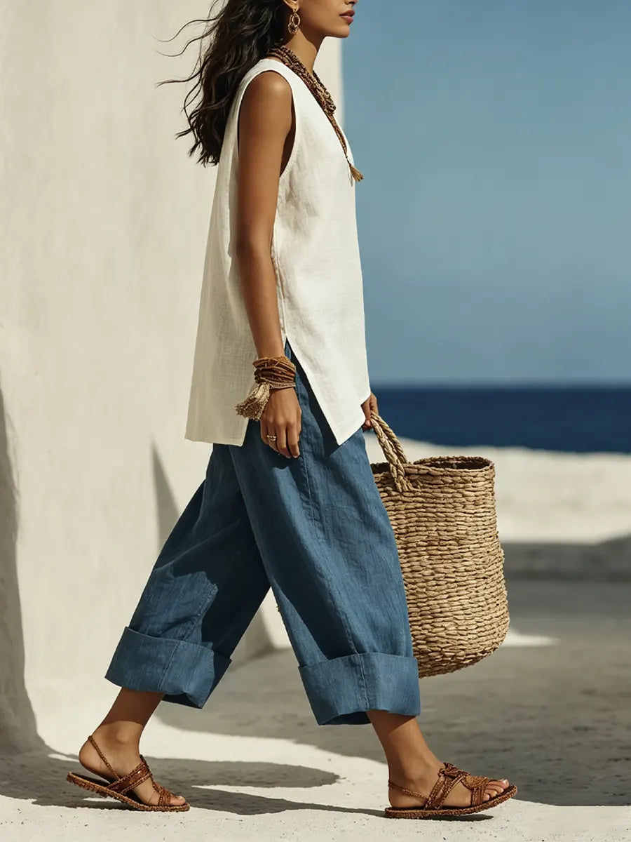 Women's Minimalist Cotton And Linen Sleeveless Set