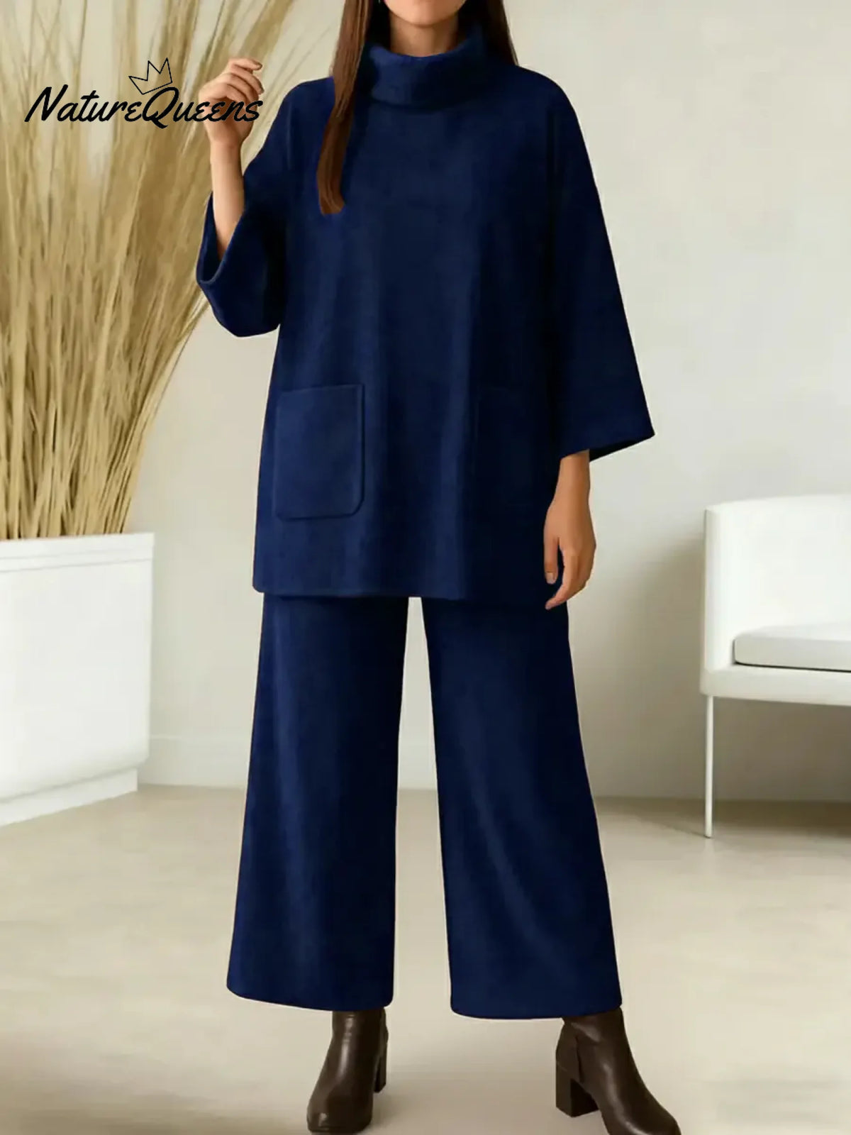 Women's Solid Color High-neck Long-sleeved Casual Loose Top With Elastic Waist And Wide-leg Pants Autumn/winter Set