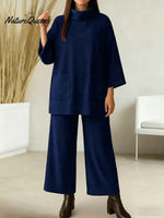 Women's Solid Color High-neck Long-sleeved Casual Loose Top With Elastic Waist And Wide-leg Pants Autumn/winter Set