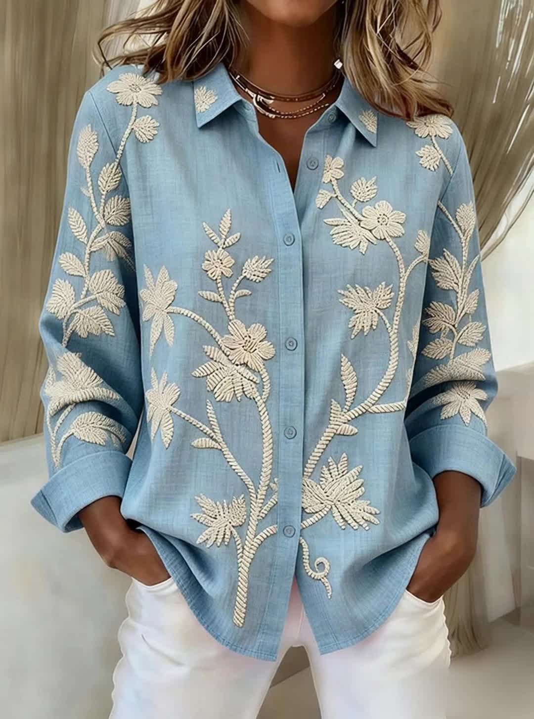 Women's Embroidered Floral Print Casual Shirt