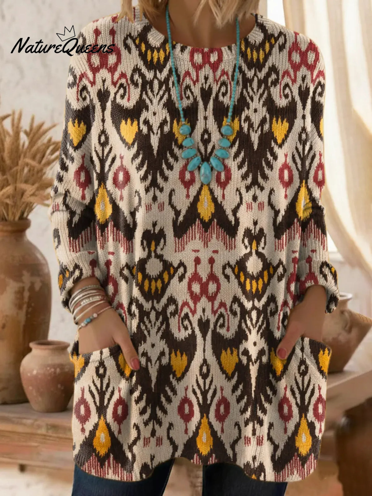 Women's Vintage Pattern Art Print Casual Cotton Knitted Sweater