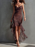 Leopard Print Chiffon Midi Slip Dress — Asymmetrical Ruffled Hem