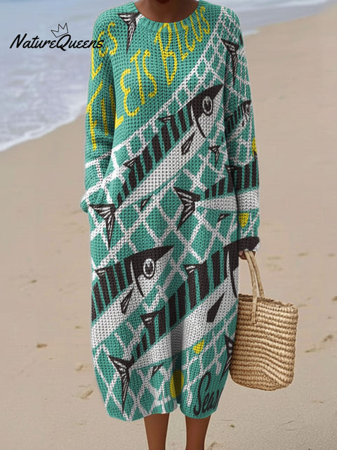 Sardine Decorative Pattern Women's Casual Round Collar Long Sleeve Dress