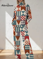 Women's Abstract Geometric Art Print Casual Knitted Cotton Top Pants Suit