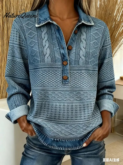 Women's Denim Print Shirt Collar Casual Loose Knit Top