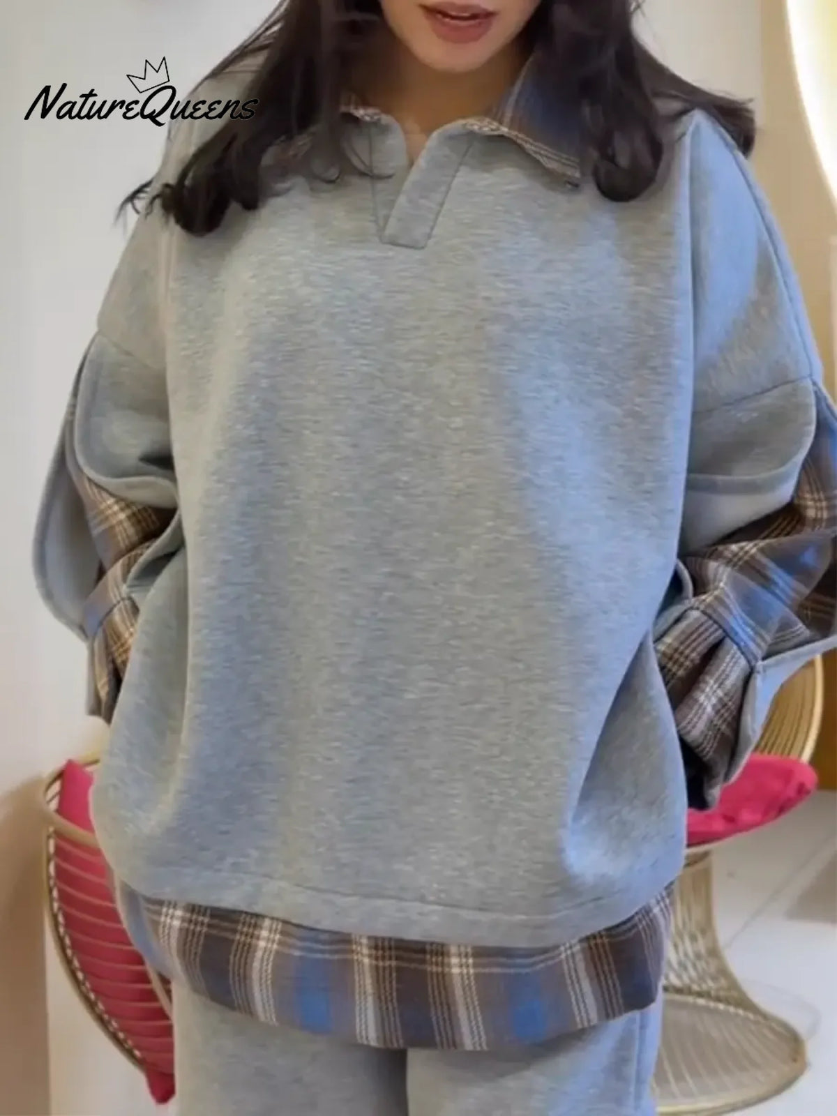 Women's Plaid Patchwork Cotton Sweatshirt And Pants Two-piece Set