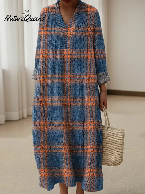 Women's Plaid Pattern Art Print Casual Cotton Knitted Dress
