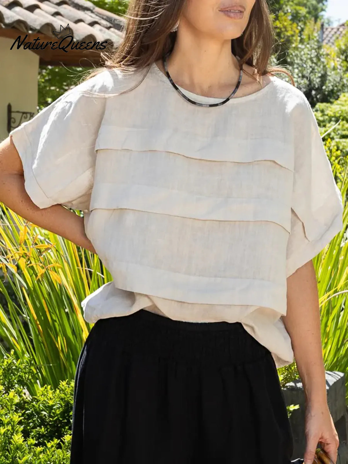 Women's Solid Color Round Neck Short-sleeved Casual Loose Pleated Cotton And Linen Top