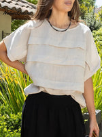 Women's Solid Color Round Neck Short-sleeved Casual Loose Pleated Cotton And Linen Top