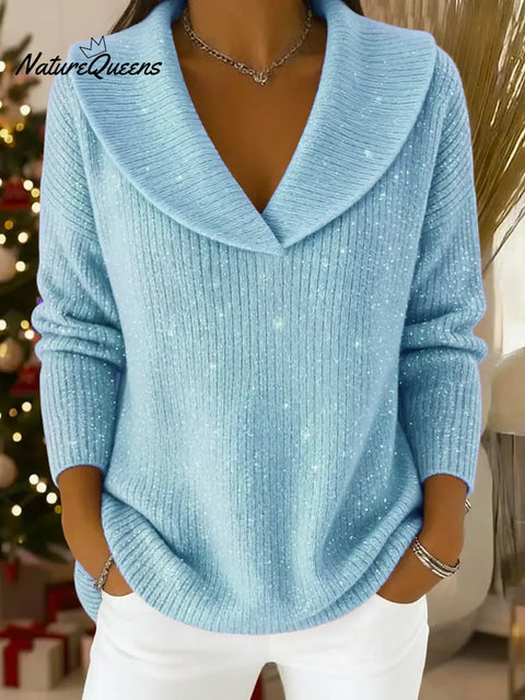 Women's Solid Color V-neck Casual Loose Sequined Knit Top