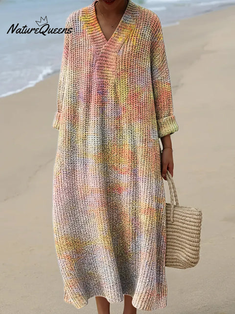 Gradient Colors Art Print Knitted V-neck Dress