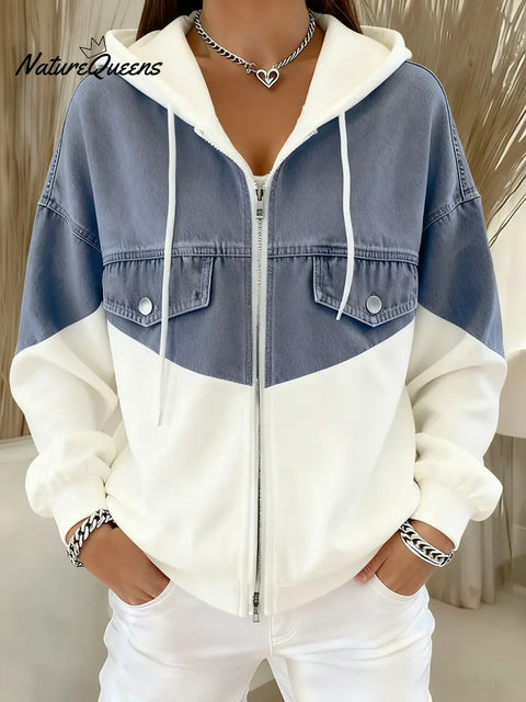 Casual Patchwork Denim Hooded Zip-up Cotton Sweatshirt