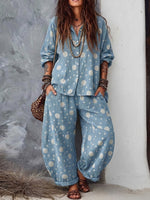 Loose-fit Casual Polka-dot Print Linen And Cotton Shirt And Pants Two-piece Set