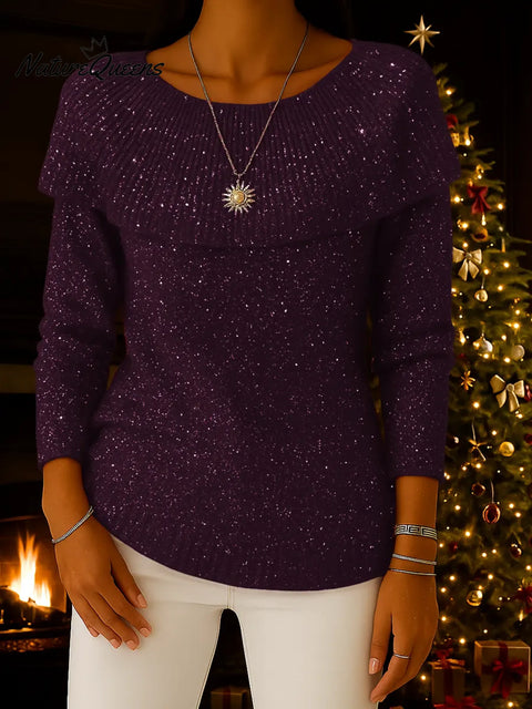 Women's Solid Color Round Neck Ruffled Long Sleeve Casual Loose Sequined Knit Top