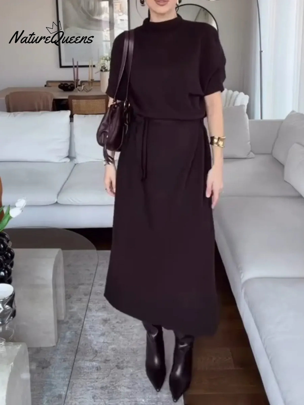 Women's Solid Color Stand Collar Short Sleeve Casual Loose Knit Dress